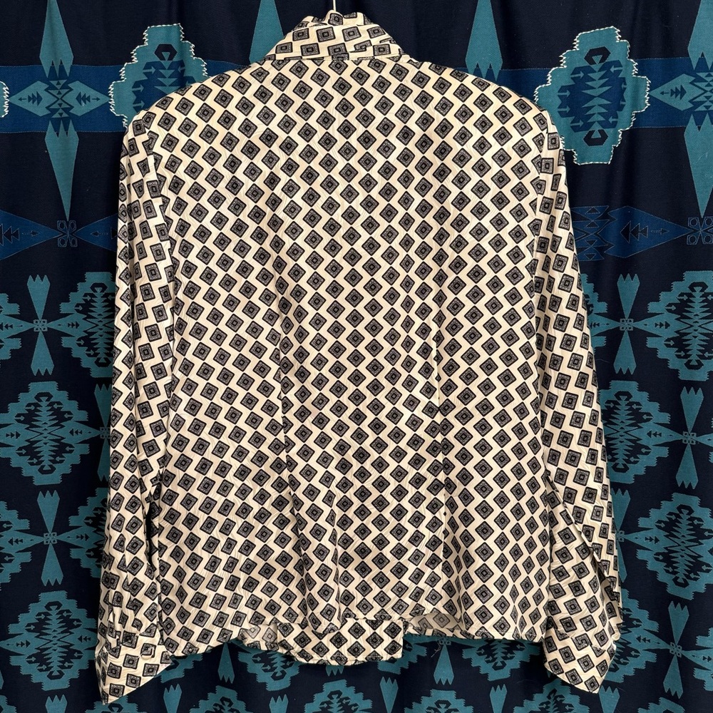 VALERIE STEVENS Vintage Black & Cream Geometric Silk Kimono-Style Blouse - Picture 10 of 13